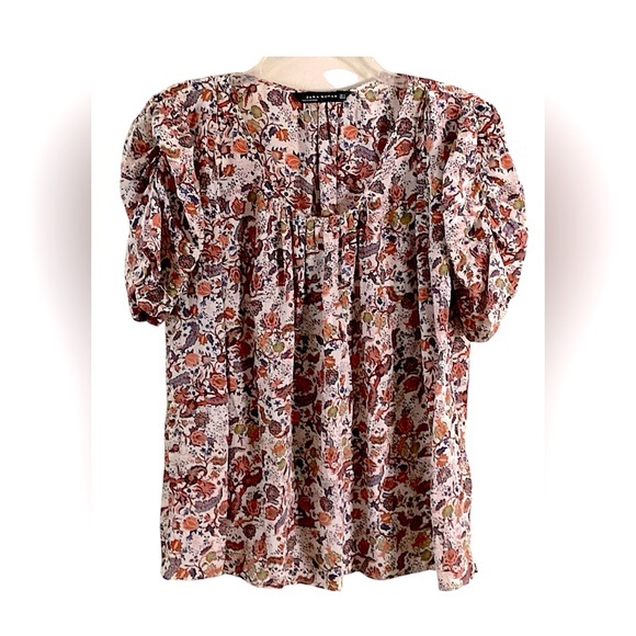 Zara 100% Silk Bohemian Peasant Print Blouse Large‎ - Picture 1 of 8